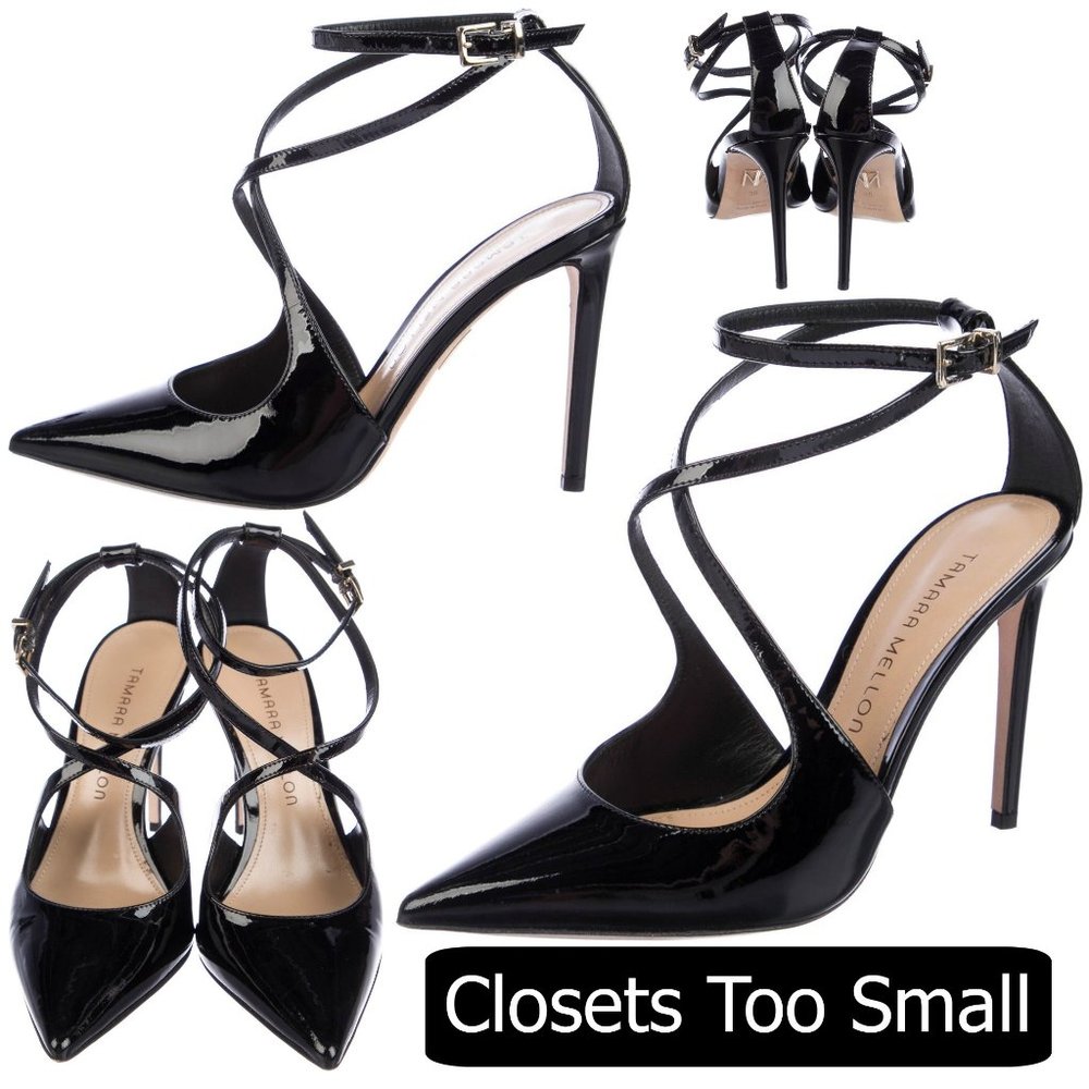 Tamara Mellon Black Patent Leather Strappy Pumps